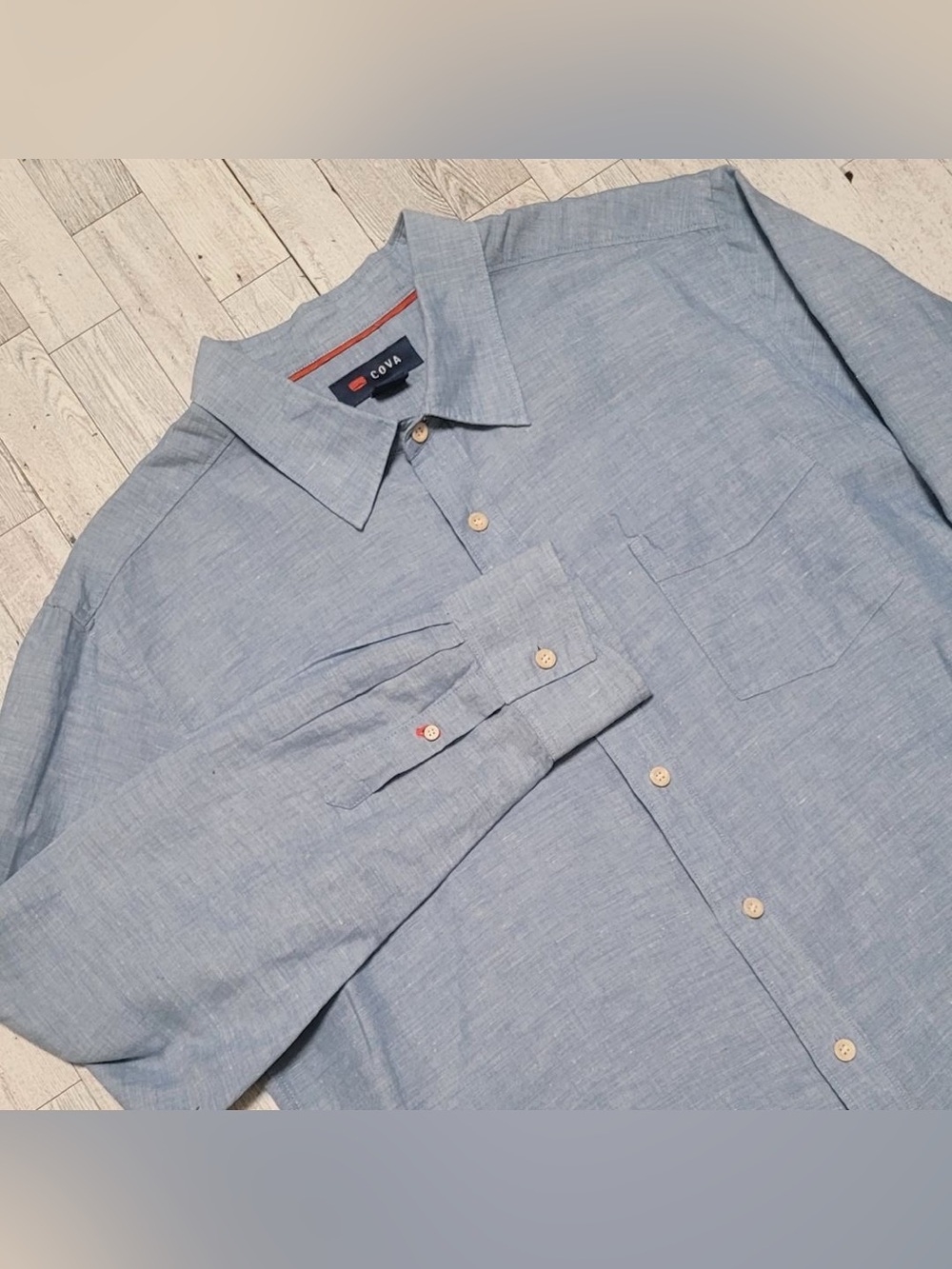 Men's COVA Beach Blue Linen Blend Long Sleeve Button Up Summer Shirt Size XL